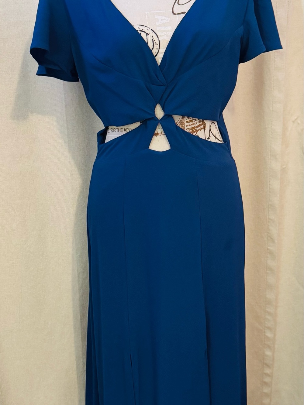 GB Royal Blue Cutout Waist Maxi Dress Medium Flutter Sleeve